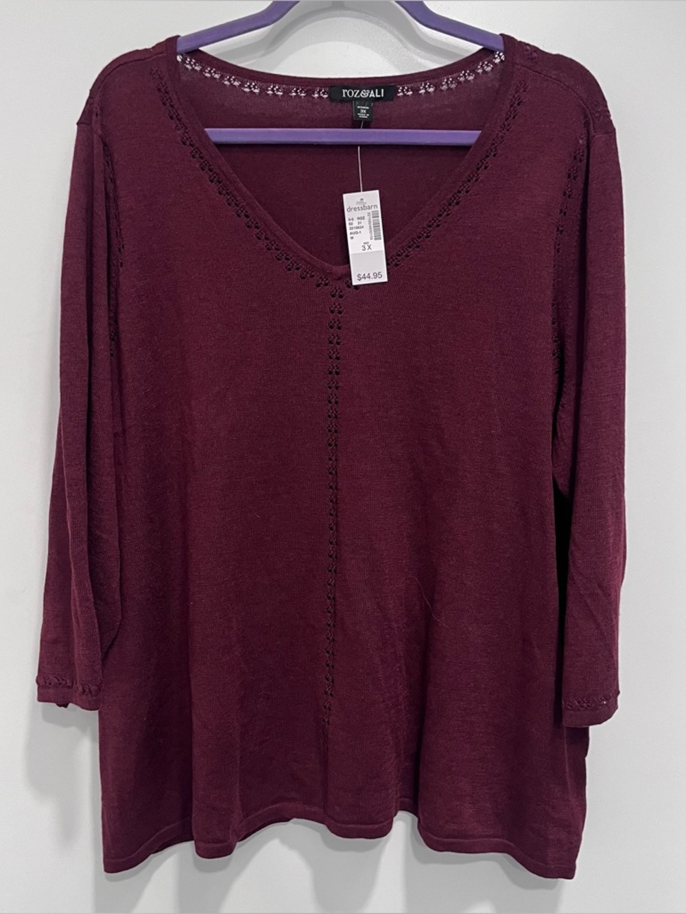 Roz & Ali Women's V-Neck Long Sleeve Dressbarn New NWT Burgundy Pullover Knit